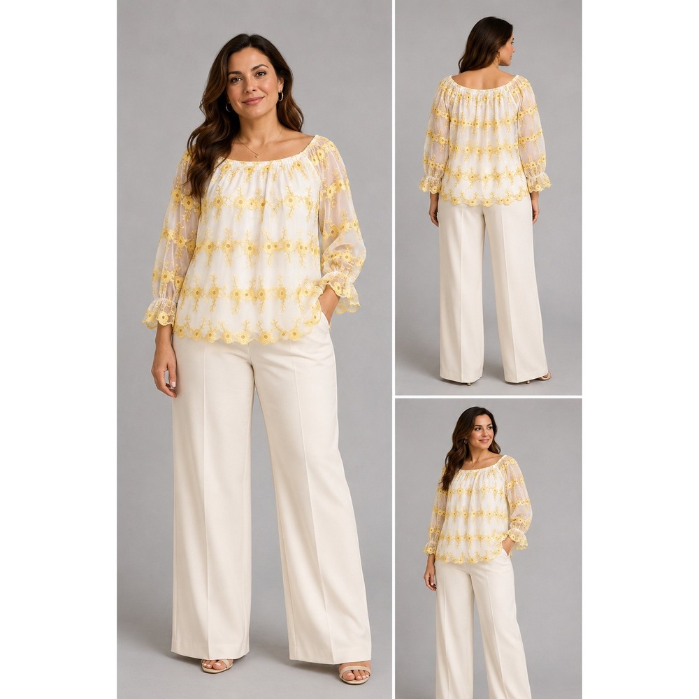 Skye's The Limit Medium Yellow Floral Embroidered Mesh Off Shoulder Blouse Top